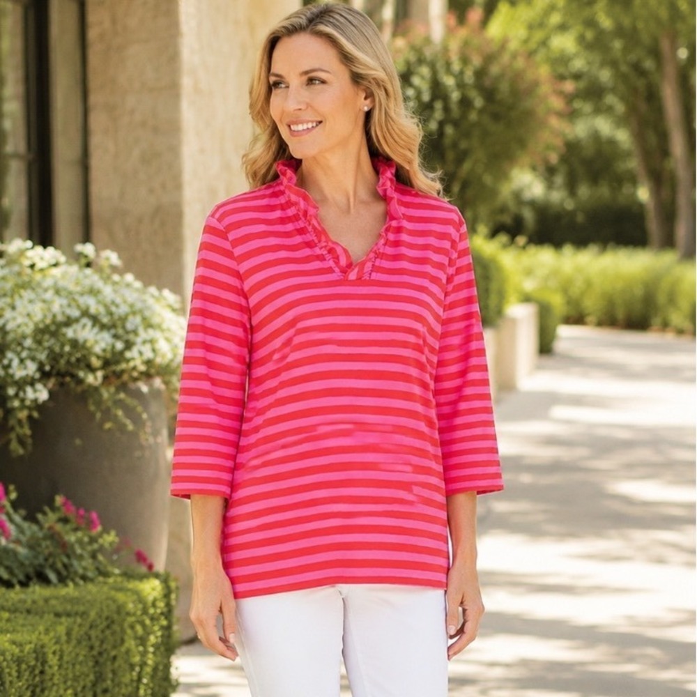 Haley and the Hound Pink Red Striped Ruffle Collar Tunic Top Womens Medium